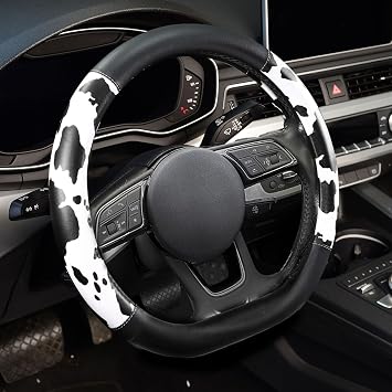 Cow Print Steering Wheel Cover,D Shaped,Leather,14.5-15",Black
