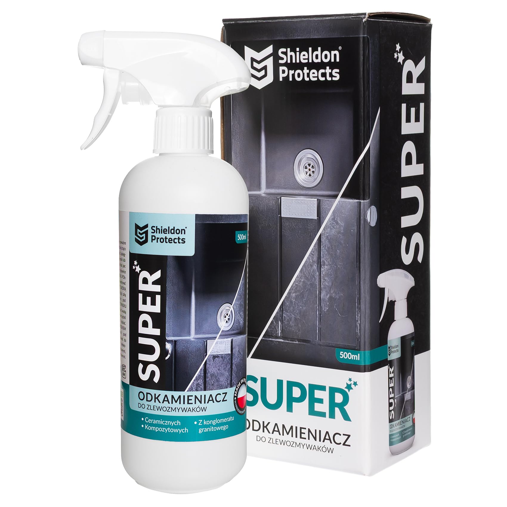 Shieldon Protects SUPER – Silny odkamieniacz do zlewozmywaków granitowych i kompozytowych (np. Silgranit, Fragranit), czajnika, armatury, prysznica, WC – usuwa kamień bez szorowania – 500 ml