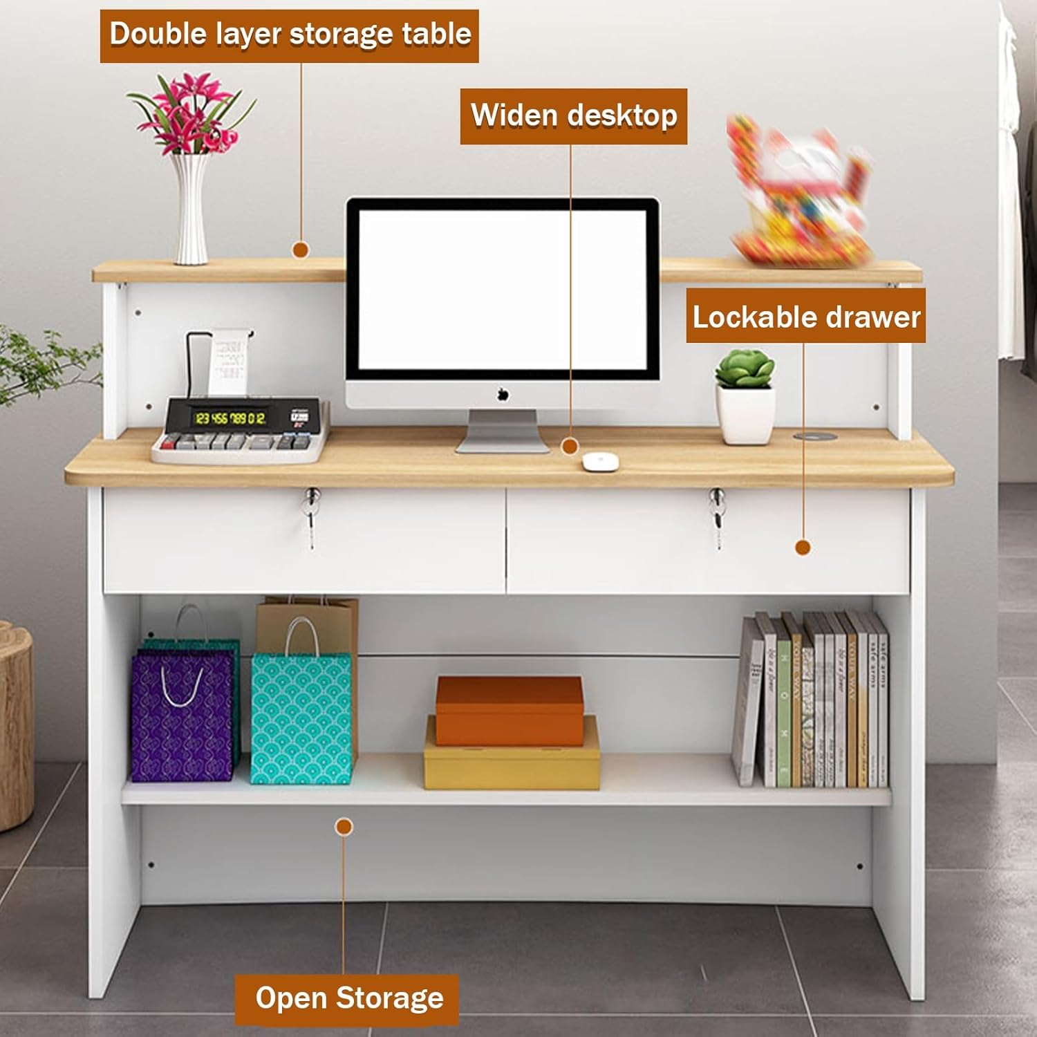 Reception Desk, Front Desk Reception with Lockable Drawer, Small Retail Counter, Checkout Counter, Reception Table for Salon, Lobby, Shop, Office(White,80cm/31.4in)