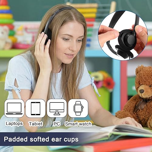 Vista 5 de Yunsailing Paquete de 20 auriculares a granel con diadema ajustable de 0.138 in, auriculares para programas de aprendizaje, laboratorio de Negro