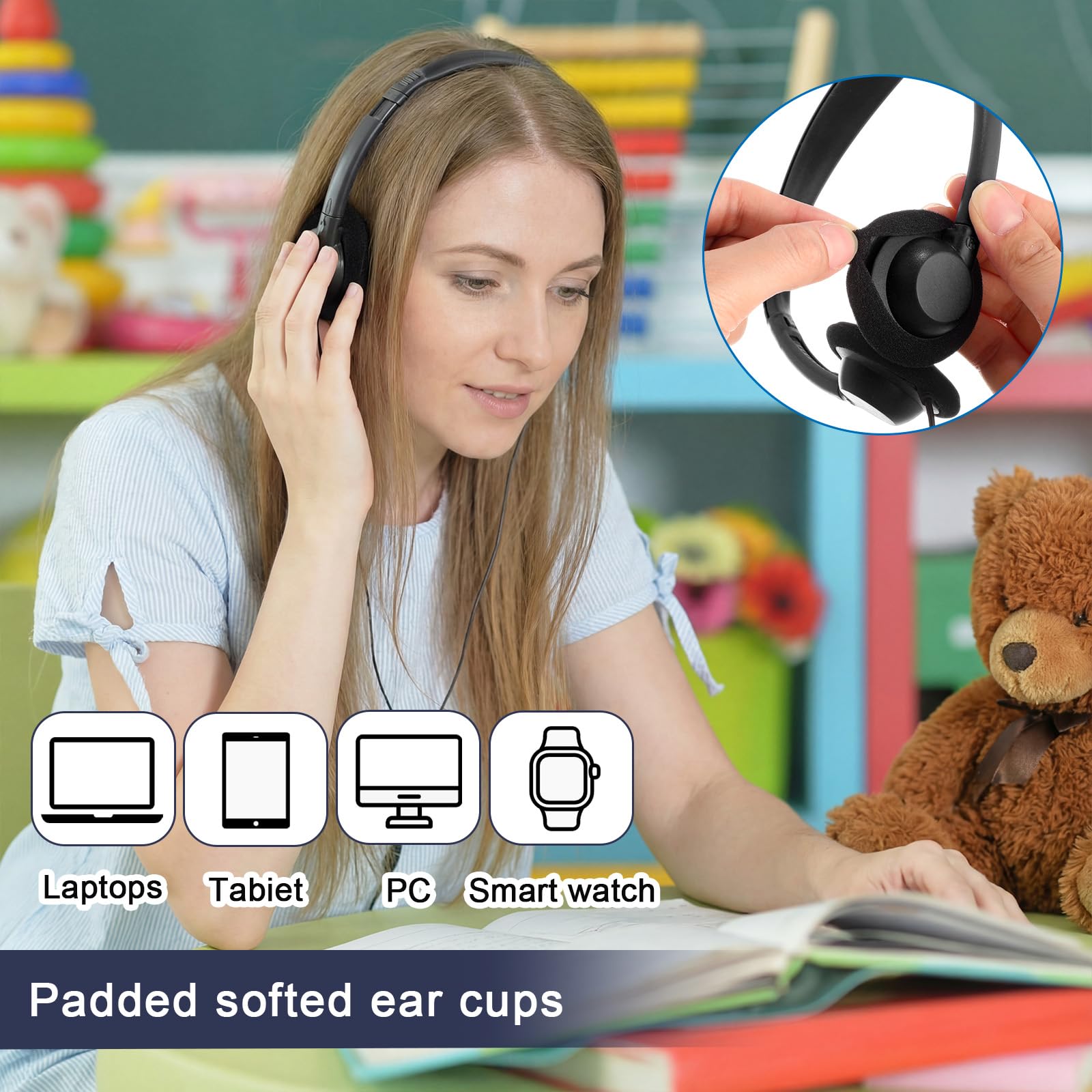 Yunsailing Paquete de 20 auriculares a granel con diadema ajustable, enchufe de 3.5 mm, auriculares para programas de aprendizaje, laboratorio de computación, biblioteca, pruebas y uso multimedia