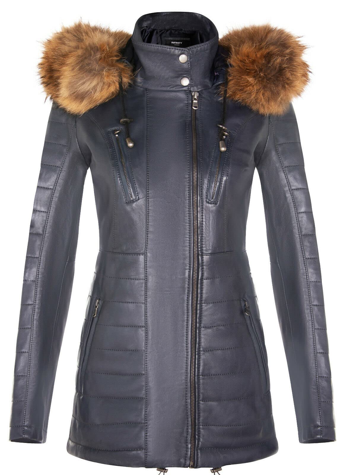 Infinity Leather Women's Navy Quilted Leather Parka Jacket-Curitiba In | : Size 20