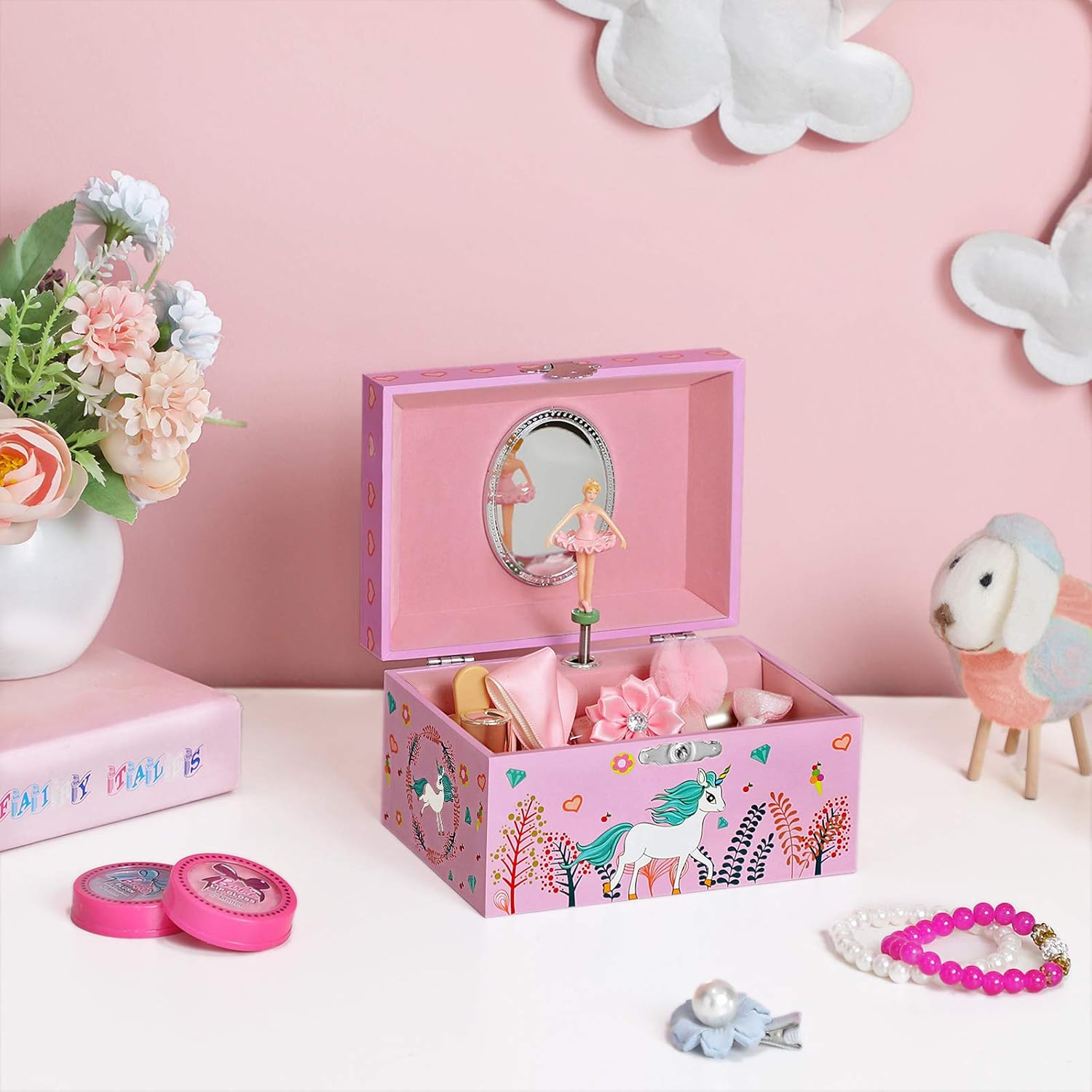 SONGMICS Musical Jewelry Box for Kids with a Ballerina Inside, Motif, The Unicorn Melody, 5.8″L x 4.2″W x 3.3″H, Pink: Furniture & Decor