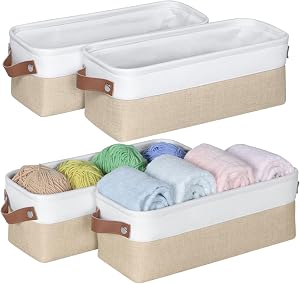 Small Fabric Storage Bins, 15x6x5 inch Narrow Storage Baskets 4-Pack Long Storage Basket for Organizing with Handles, Decorative Basket for Closets, Shelves, Toilet Paper, White/Beige