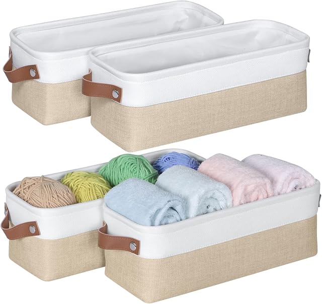 Small Fabric Storage Bins, 15x6x5 inch Narrow Storage Baskets 4-Pack Long Storage Basket for Organizing with Handles, Decorative Basket for Closets, Shelves, Toilet Paper, White/Beige