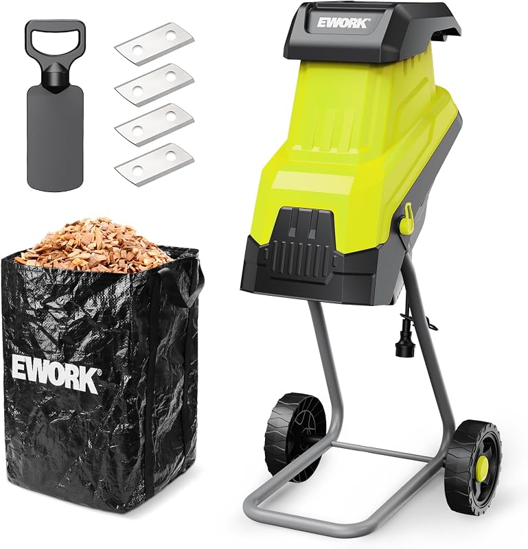 EWORK 15 Amp Electric Wood Chipper Shredder, Max 1.8" Cutting Diameter | 4 SK5 Blades, 15:1 High Reduction Ratio with 45L Collection Bag, Efficient Mulcher for Garden Compost