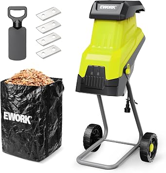 EWORK 15-Amp Electric Wood Chipper Shredder, 151 High Reduction Ratio with 4 Steel Blades Included, 1.77 Inch Capacity, Garden Mulcher for Composting Branches and Twigs