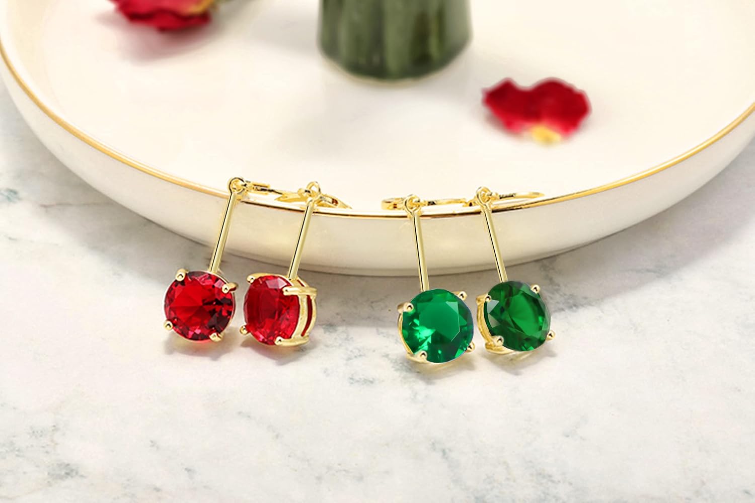 VONSSY Gemstone Drop Dangle Earrings | Platinum/Gold Plated Leverback Crystal Cubic Zirconia Hanging Red/Pink/Blue Earrings