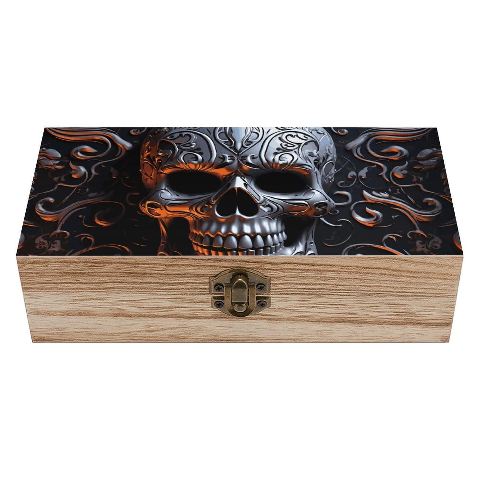 DWVTSLH Cool Skull Graphics Wooden Storage Box Locked Wood Gift Box Decorative Keepsake Boxes Storage Bins, Memory Boxes for Pictures, Jewelry Organizer Unique Gift Ideas for Men Women
