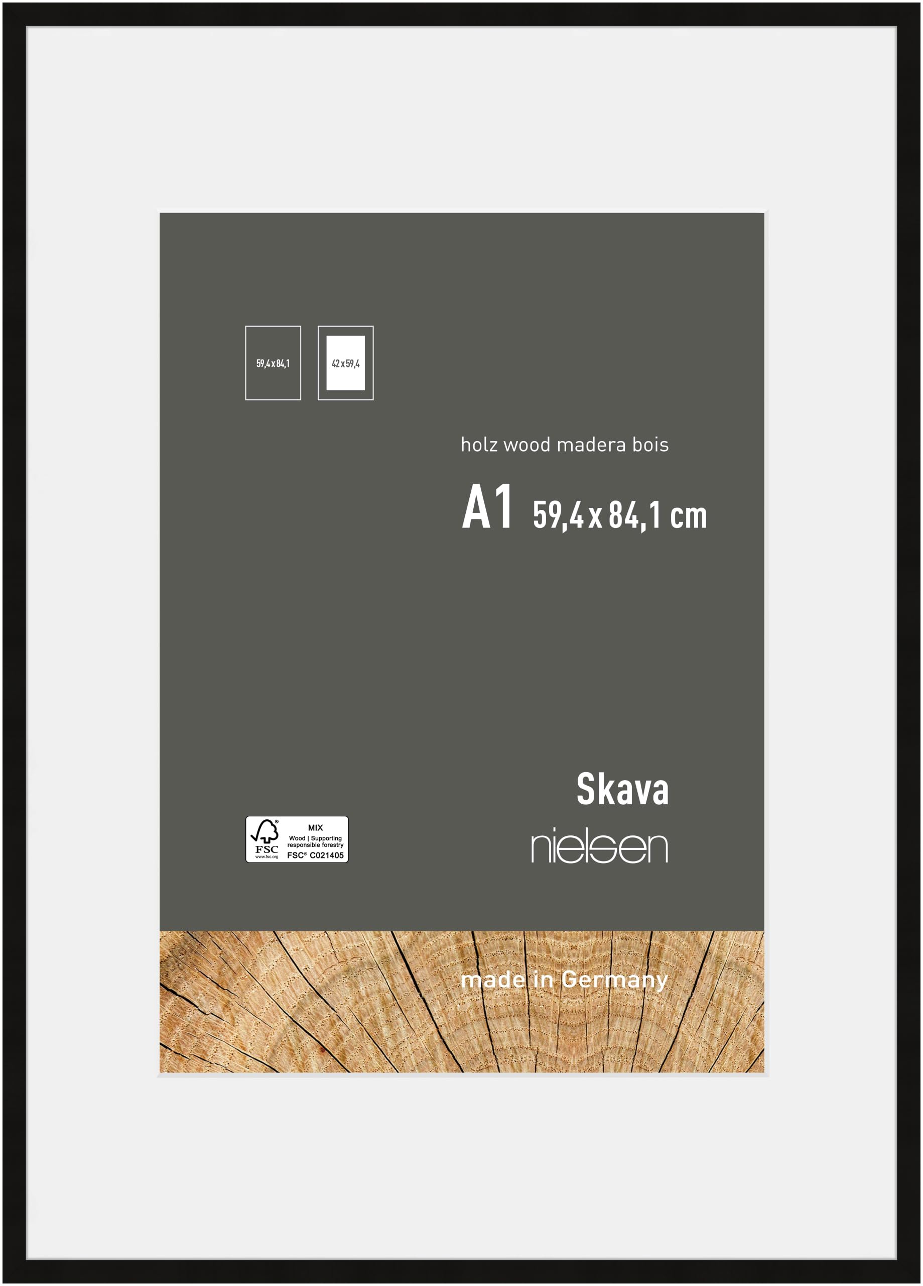 Nielsen Black Skava Wooden Picture Frame - A1, 59.4X84.1cm With White Mount To Fit A2 Photo - Float Glass And Easy Push-Turn Clips