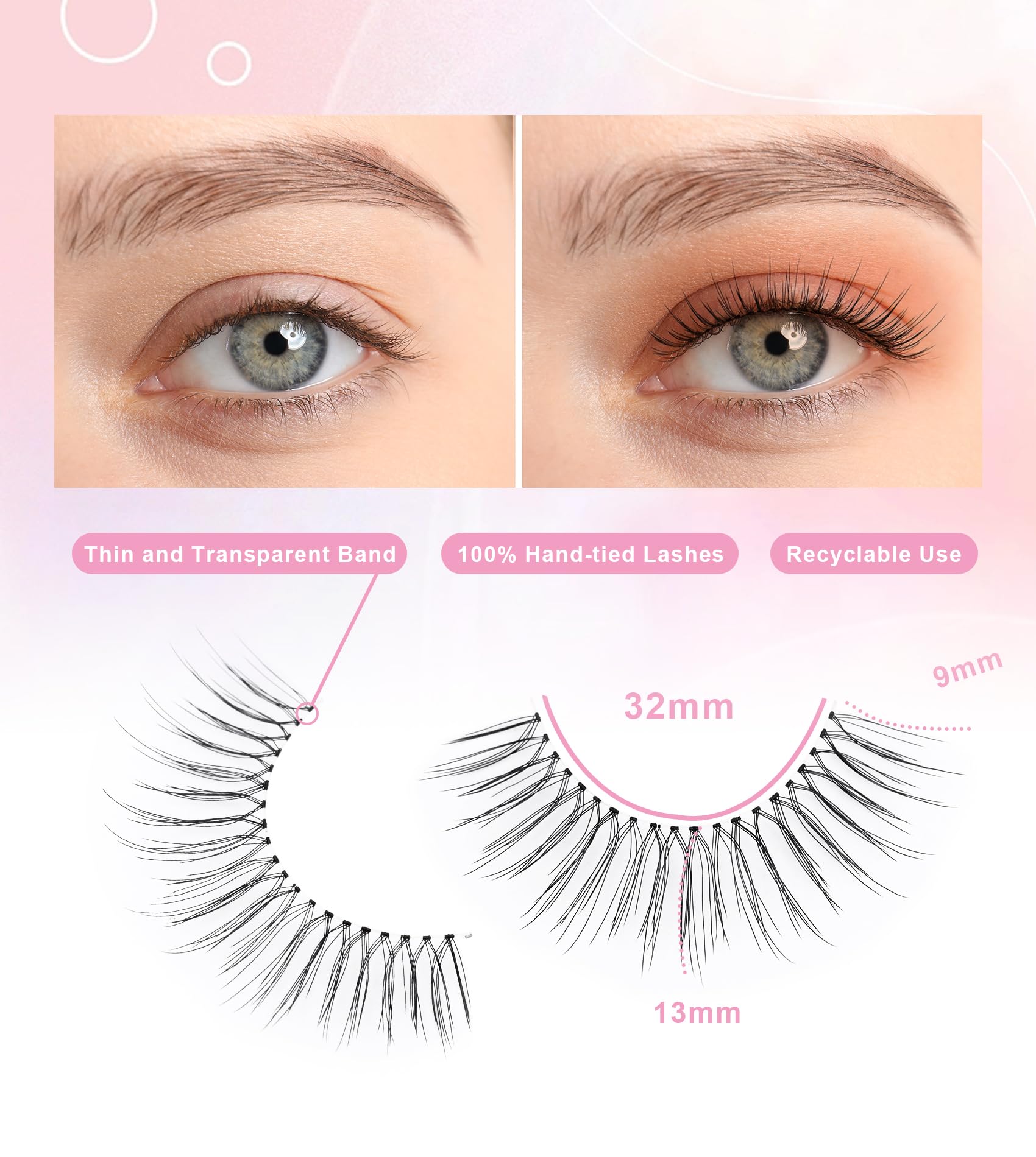 Natural Look False Eyelashes 10 works 100% hand-tied Short Lashes Length 9-11mm Transparent Invisible Band Fake Eye Lashes Strip Natural Faux lashes (A37) - Image 3