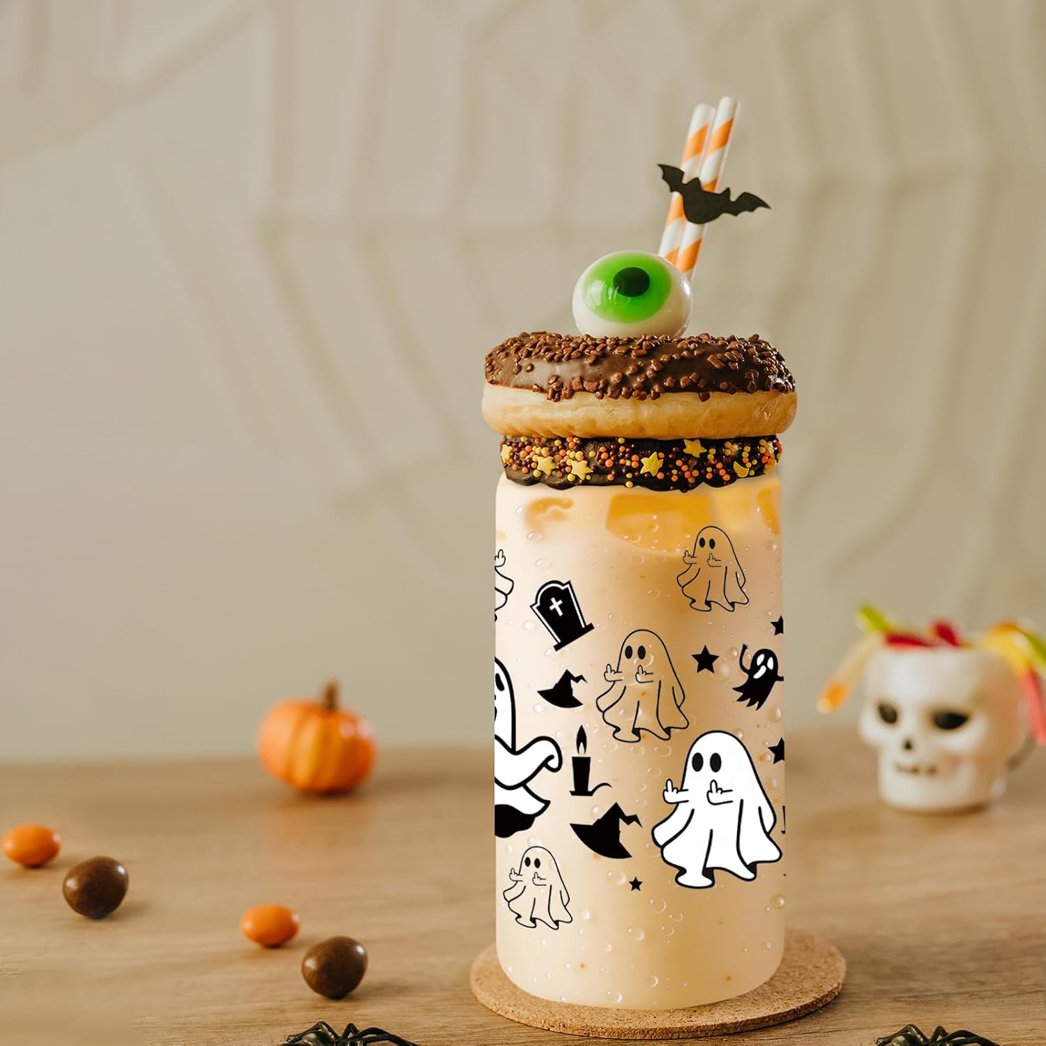16oz Halloween Ghost Glass Cups with Lids and Straws, Cute Ghost Butt Themed Pattern. Iced Coffee Tumblers, Halloween The Gift with Box for Adults & Teens, Include 1 Silicone Straw Covers