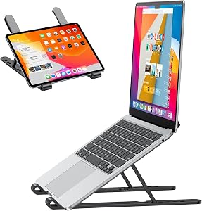 OMOTON 8-Level Adjustable Laptop Stand for Desk, Foldable & Portable ABS + Silicone Laptop Riser with Heat Dissipation, Ergonomic Computer Stand for All Laptop and Tablet up to 15.6”