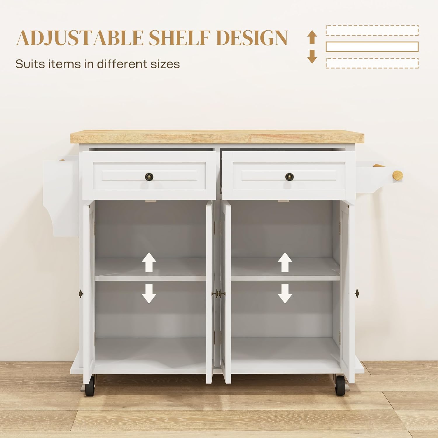 Adjustable shelves inside the kitchen island cart cabinets