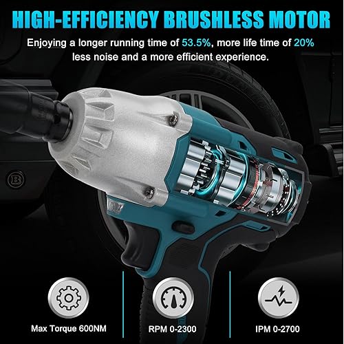 Miniatura 4 de Llave de impacto inalámbrica compatible con batería Makita de 18 V, 600 N.m de rango medio de 12 pulgada y llave de impacto de alto par de 38