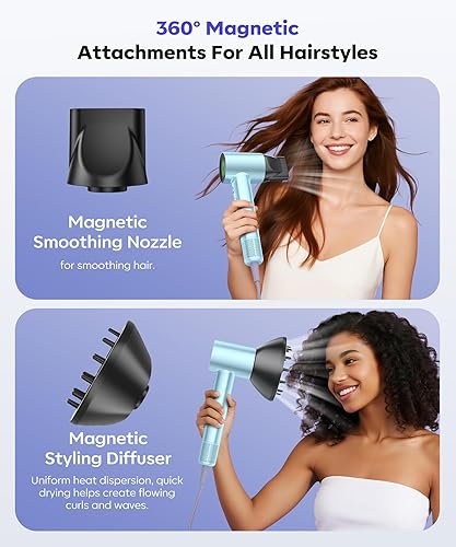 Miniatura 6 de Secador de pelo, secadora de alta velocidad de 130000 RPM para secado rápido, 300 millones de iones negativos, control de calor y ligero, azul