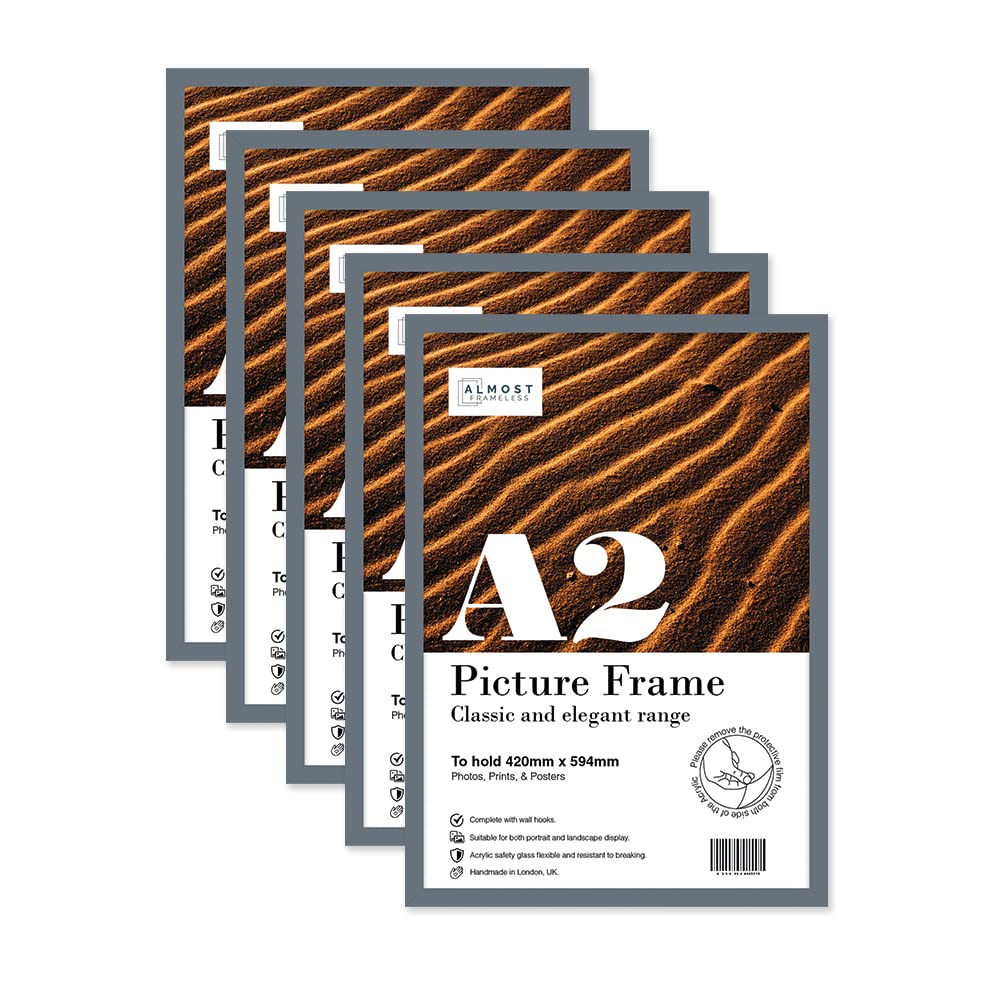 Almost Frameless Grey A2 Picture Frame Set Of 5, Display A2 Picture Gallery Wall, Poster, Photo, Artwork, Or Print,