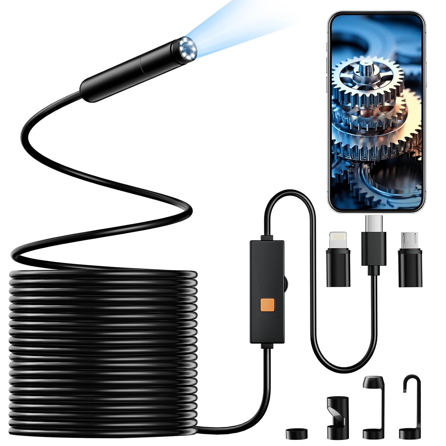 Endoscope Camera with Light, 1920P HD Borescope Tools with 8 Adjustable LED Lights, 32.8FT Semi-Rigid Snake Cord IP67 Waterproof Inspection Camera for iPhone, iPad, iOS and Android Phone