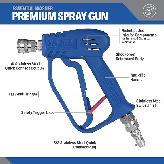 Essential Washer Short Pressure Washer Gun with Stainless Steel Swivel | Compatible with Foam Cannon | High Pressure Water 4000 PSI