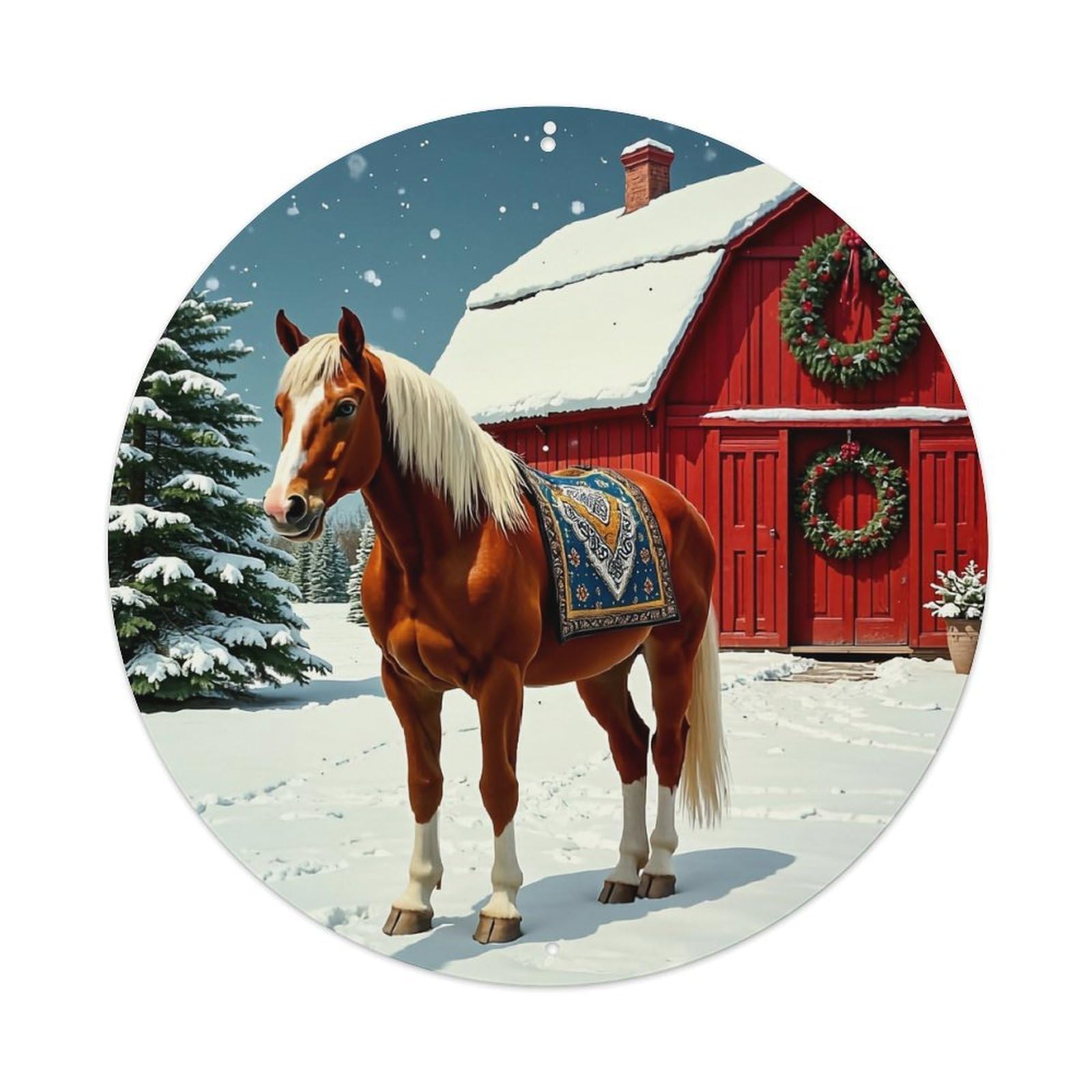 Christmas Horse Barn Wreath Snow Retro Metal Sign Round Tin Sign, Vintage Decor Art Poster for Bar, Home, Man Cave, Kitchen, Laundry Room Gift 8x8Inch