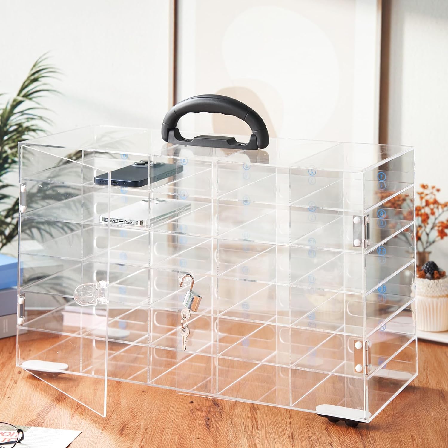 30 Slots Phone Storage Locker Box for Classroom Pocket Chart Lockable Cabinet with Handle and Adhesive Wheels Storage Wall Mounted Phone Organizer Locker for Employee Office School Factory