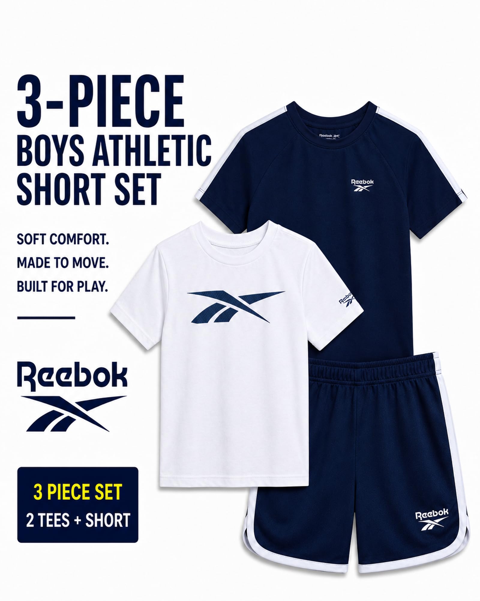 Reebok - Estate 3 pezzi corto set con 2 top e pantaloncini, abbigliamento sportivo per bambini piccoli e bambini