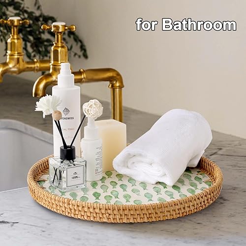 Miniatura 6 de Bandeja de ratán de 11.8 pulgadas con base de madera con incrustaciones de nácar  Bandeja redonda de mimbre tejida  Bandeja de mesa auxiliar para