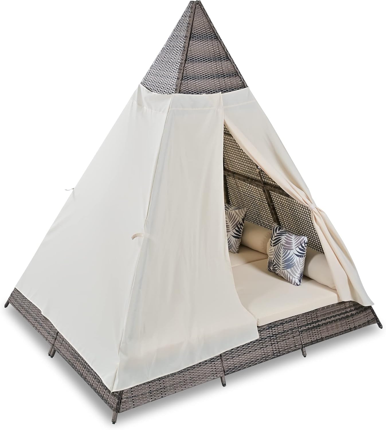 Patio Conversation Set, Outdoor Sunbed with Pillows, Wicker Patio Daybed with Cushions, Tent Shape, Brown+Beige
