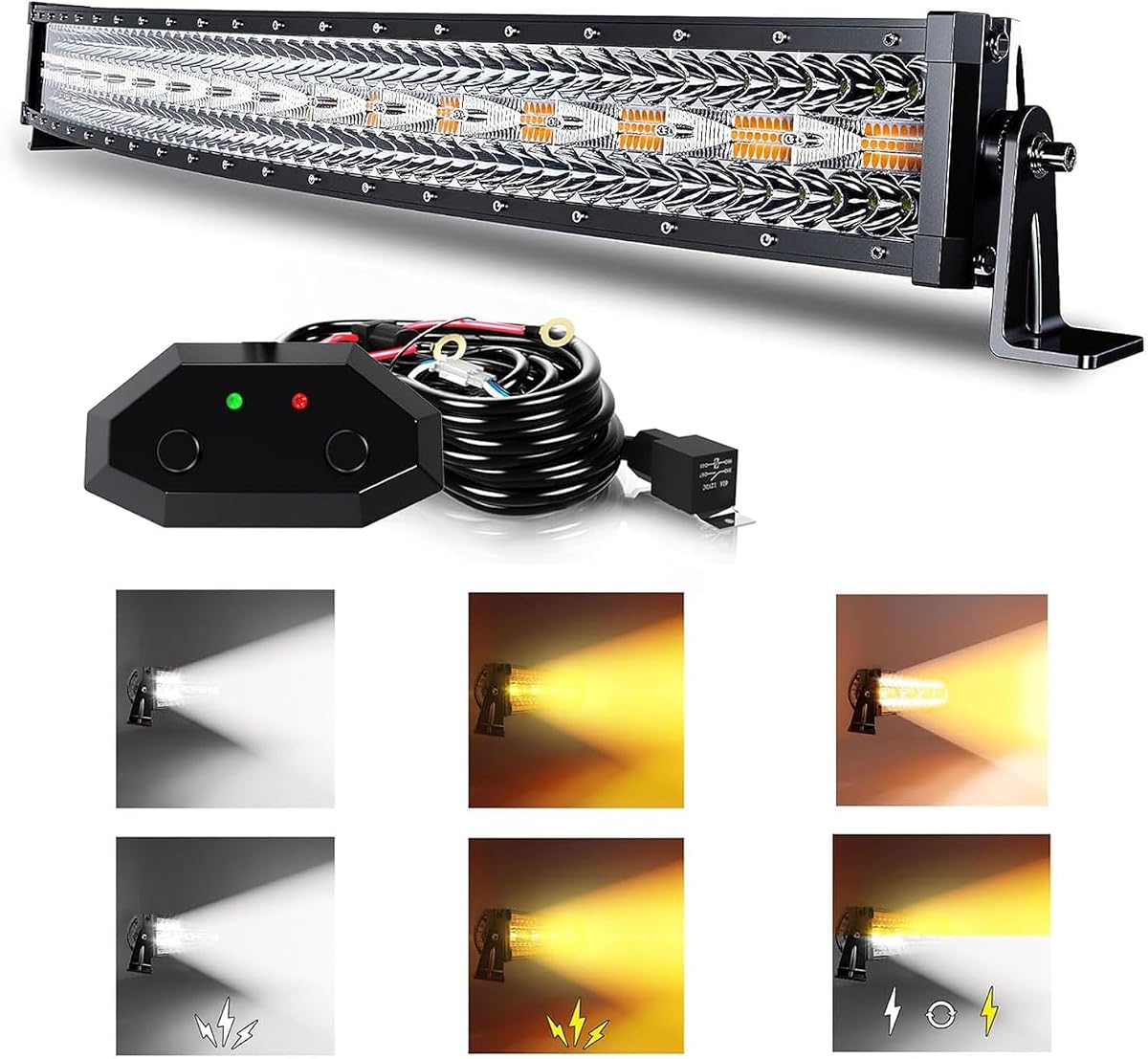 32Inch 180W Curved LED Light Bar White/Amber Flasing Strobe Six Mode | Spot Flood Combo Offroad Driving Light, 1pcs Wiring Harness Switch for Pickup Offroad Truck 4WD SUV ATV UTV