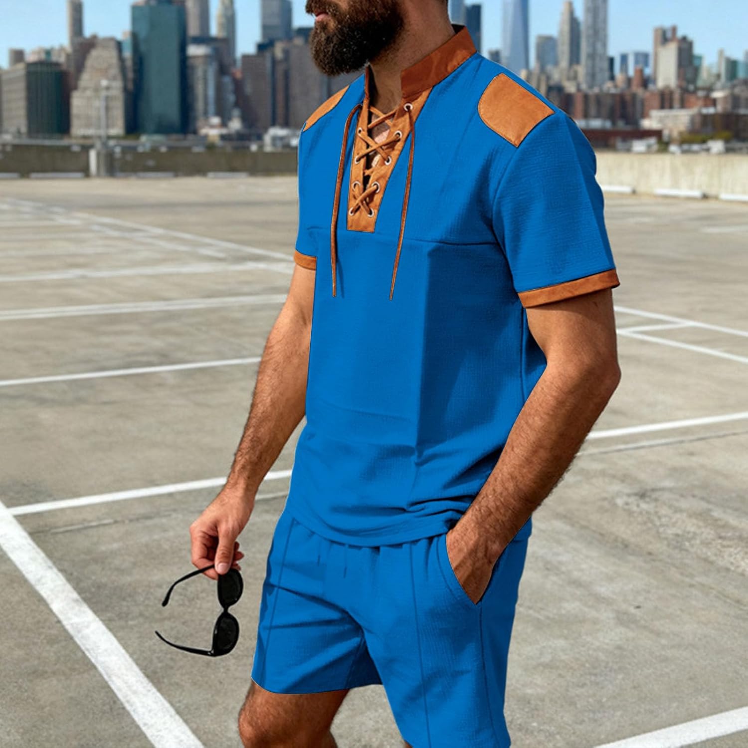Cambkatl Men's Waffle Shorts with Laceup V Neck Cowboy Shirts Short Sleeve Summer Beach Vacation Outfits with Pockets