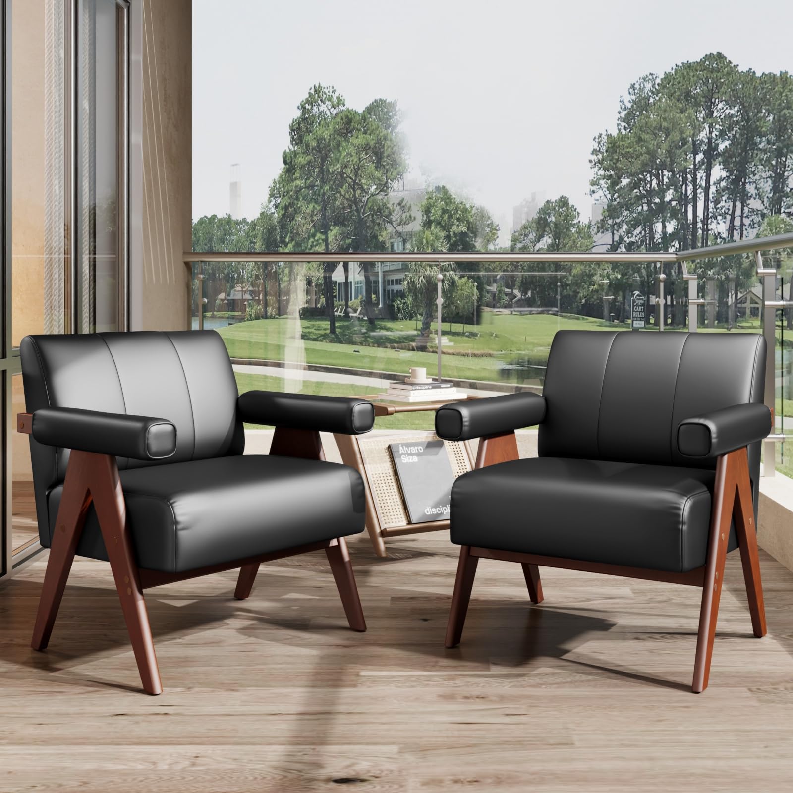 STHOUYN Black Leather Accent Chairs Set of 2, Mid Century Modern Chair Set of 2, Side Arm Chairs for Living Room, Office Guest Waiting Room Chairs (2, Black)