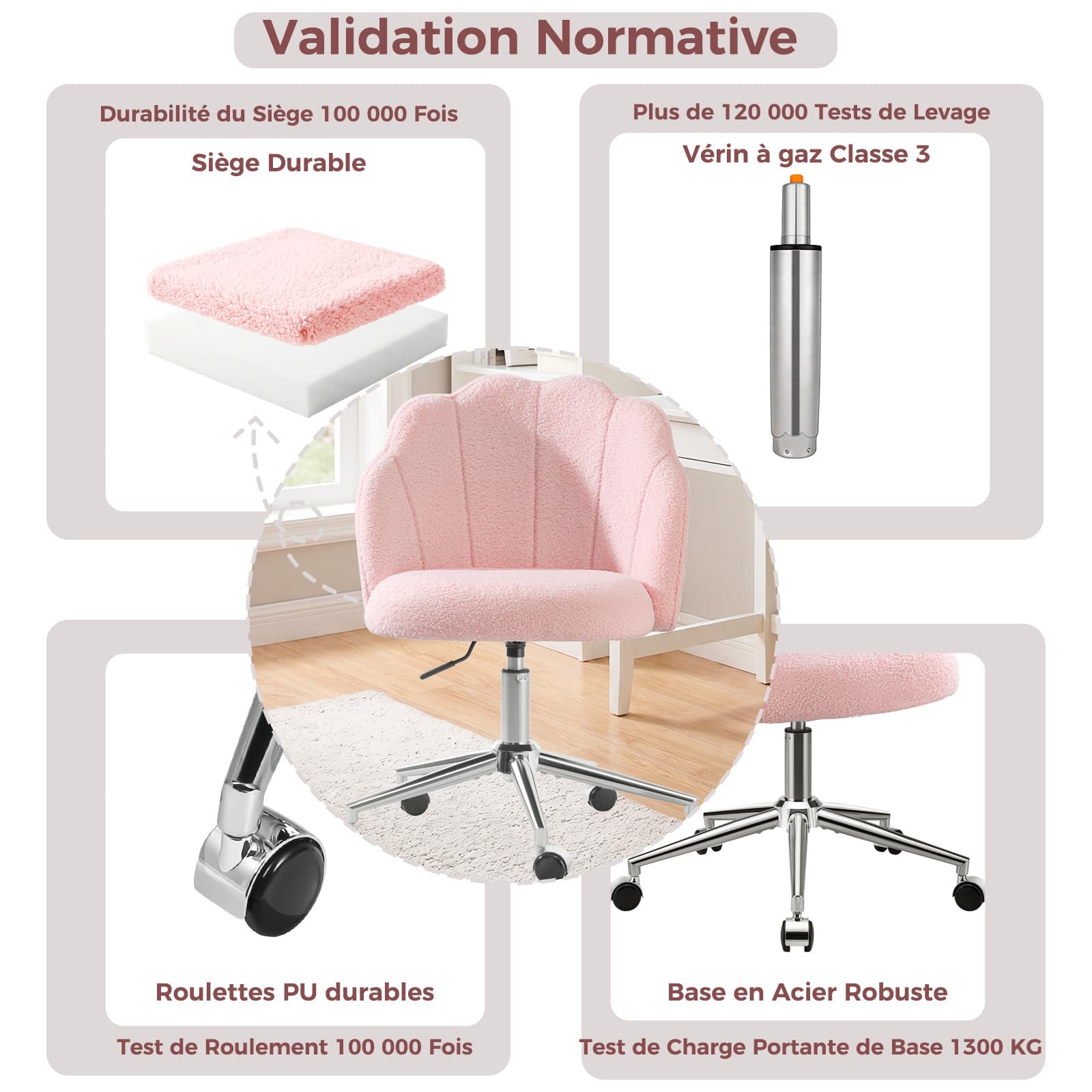 Chaise Coiffeuse Chambre, Chaise Pivotante à Roulette‌ pour Fille, Siege de Bureau Confortable, Montage Facile, Rose