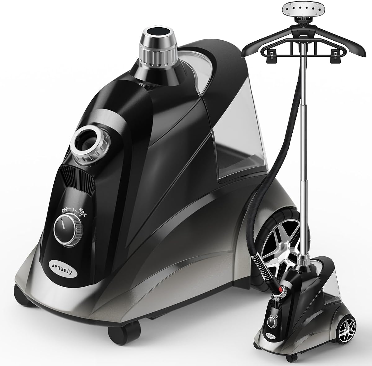 Steamer for Clothes, Jenaely 1500W Standing Garment Steamers, 35s Fast Heat-up, 80 Mins of Continuous Powerful Steam with 2.8L Water Tank, Pants Clip & Children's Clothing Hanger