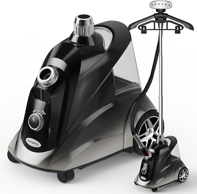 Steamer for Clothes, Jenaely 1500W Standing Garment Steamers, 35s Fast Heat-up, 80 Mins of Continuous Powerful Steam with 2.8L Water Tank, Pants Clip & Children's Clothing Hanger