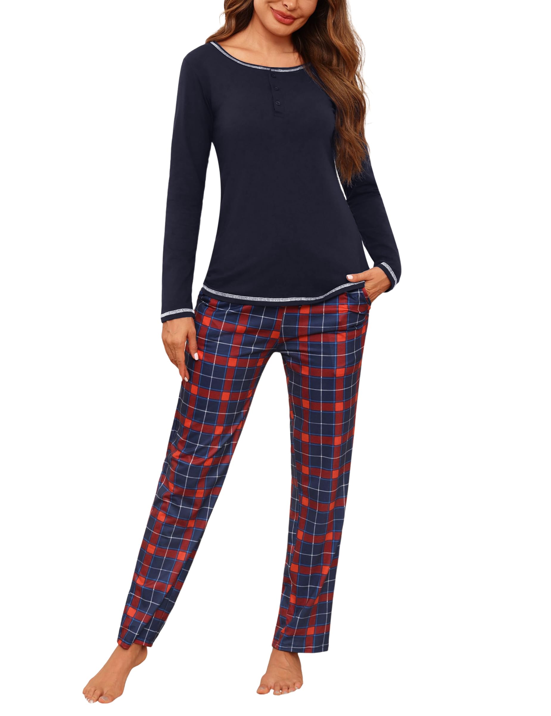 Litherday Pigiama Donna Invernale Cotone Pigiami da Donna Lungo Pigiami Due Pezzi da Donna Pigiama a Manica Lunga Pantaloni Lunghi con Tasche Morbido e Confortevole S-XXL