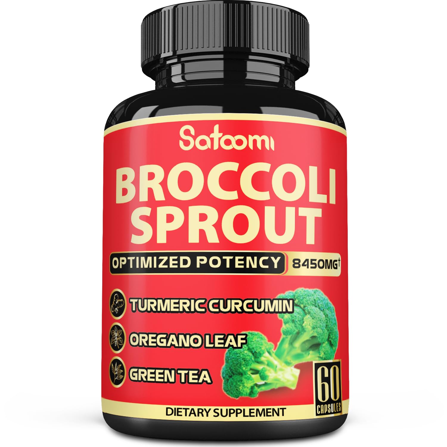 SatoomiBroccoli Sprouts Extract Capsule - Rich in Fiber with Turmeric, Oregano, Green Tea and Black Pepper Extract - 8450mg - 5 Herbs - 1 Pack 60 Vegan Capsules