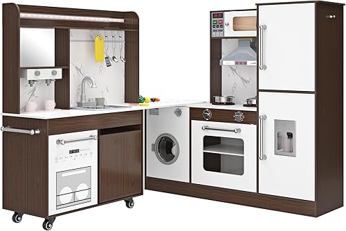 Miniatura 8 de Juego de cocina de esquina de madera para niños, cocina de juego grande con fregadero con agua corriente, estufa con luz y sonido, máquina de hielo