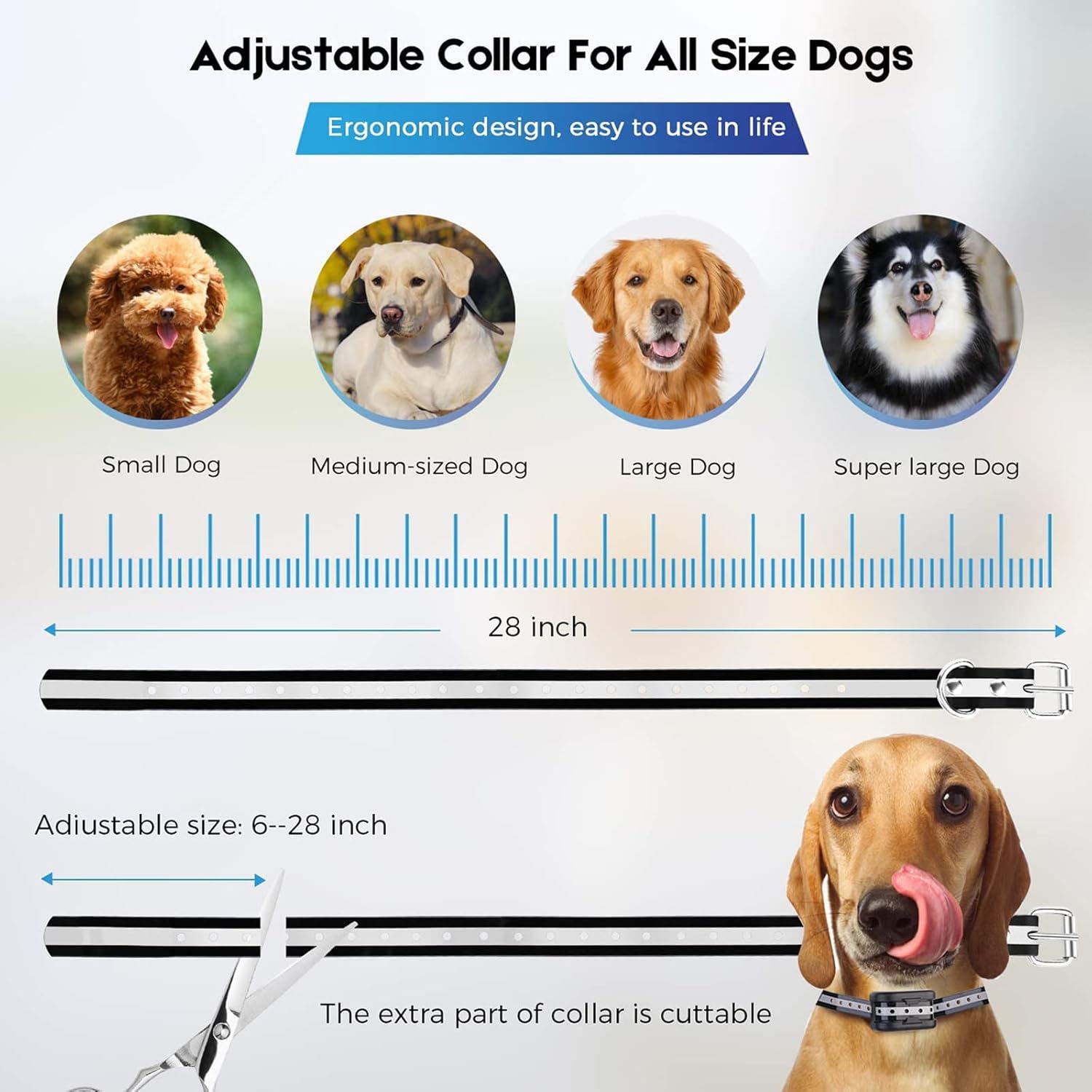 Diagram showing various dog sizes (small, medium, large, super large) and a ruler indicating the 28-inch adjustable length of the collar, with text explaining that the extra part can be cut.