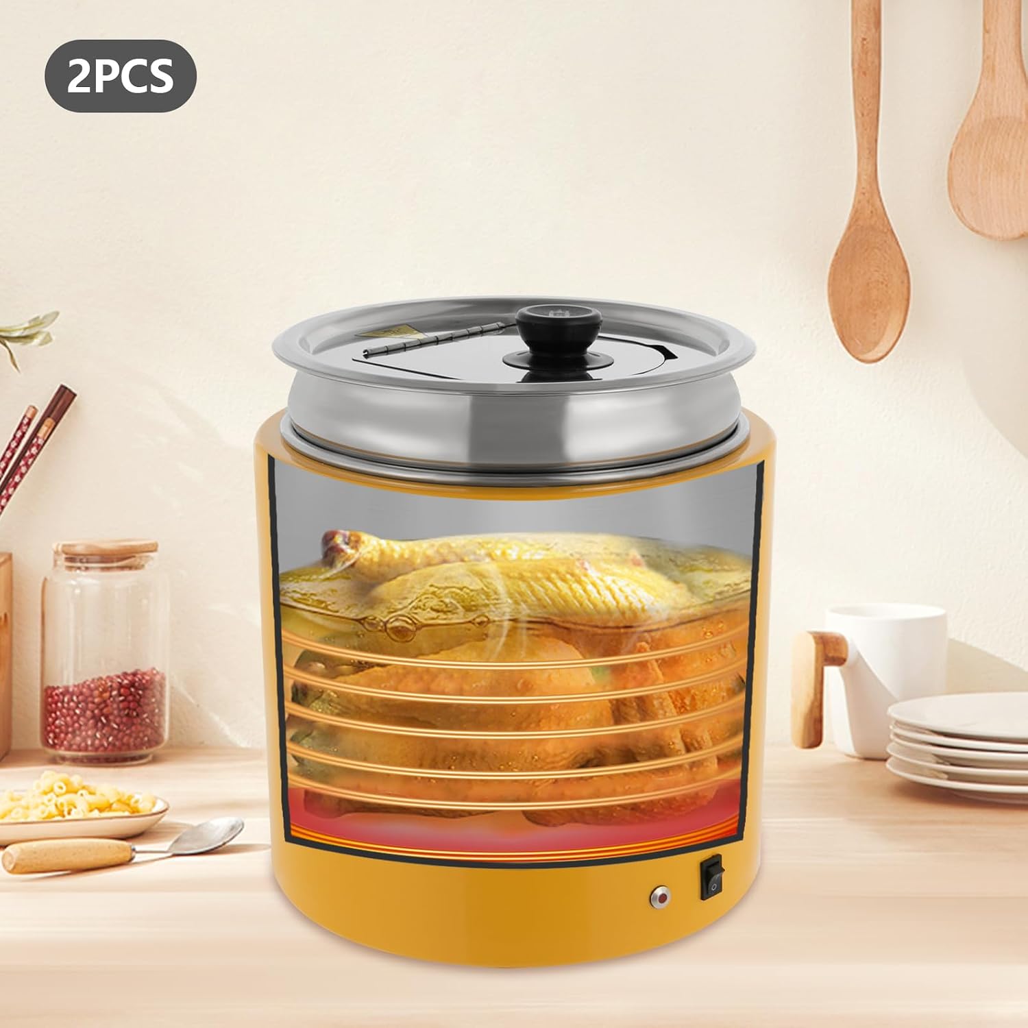 2 Pc Soup Kettle Warmer, 10L/ 2.64 gal Commercial Soup Warmer Pot, 500W Electric Food Warmer with Lid, Removable Stainless Steel Countertop Warmer, for Food Truck, Wedding, Buffet Restaurant (Yellow)