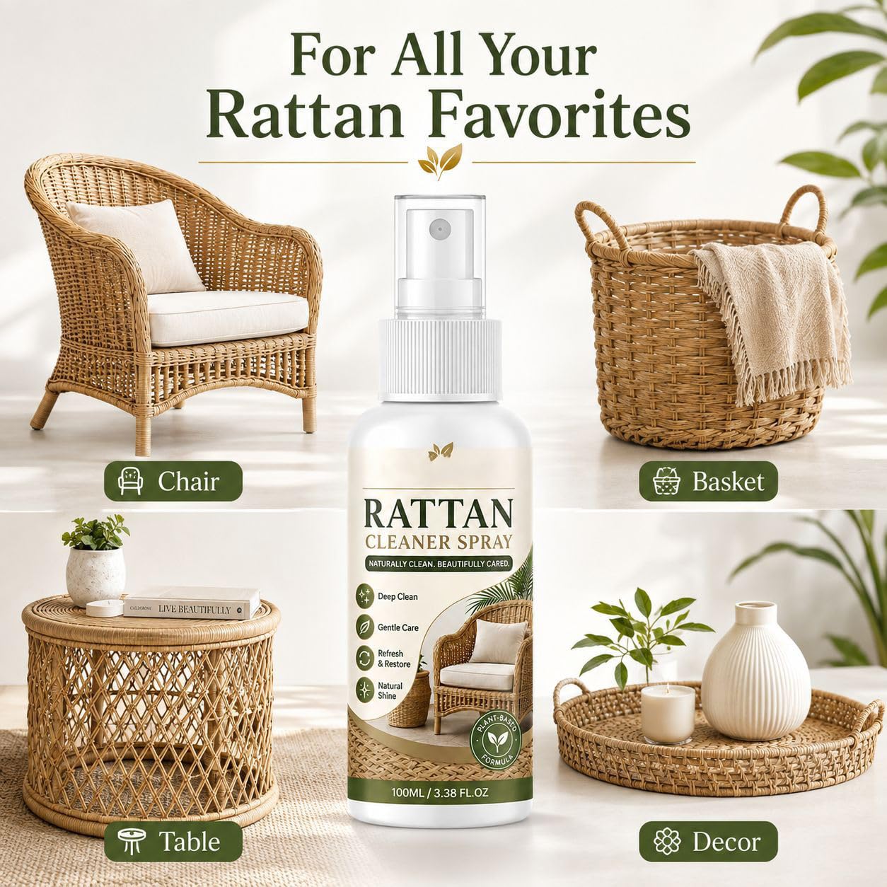 Limpiador y pulidor para rattan – restaura brillo en sillas (5pcs) | Para muebles de mimbre, rattan y tejidos. Uso interior/exterior. Pulverizar y limpiar. Elimina polvo, suciedad. 100 g. 3 años