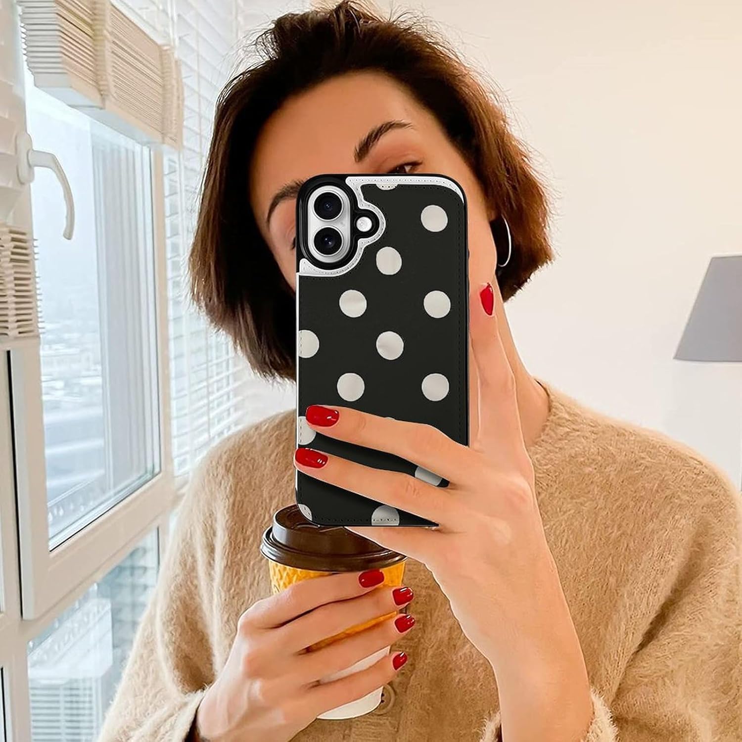 Black and White Polka Dot Print Wallet Case for iPhone 16 Plus - PU Leather Flip Shockproof Wallet Phone Cases Cover with Card Slots, Kickstand, Magnetic Clasp Closed