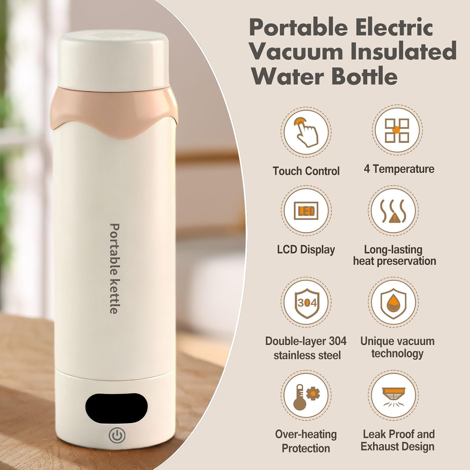 Vacuum-Insulated Electric Kettle, 304 Stainless Steel Inner Portable Water Boiler for Hotel, Office, Dormitory - 4 Adjustable Temperature and Automatic Shut-off with Kettle Bag