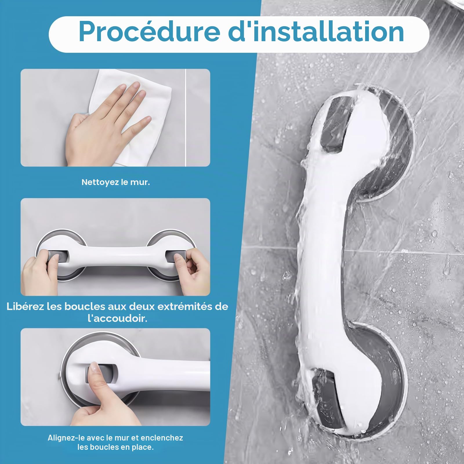 Poignées pour Personnes Âgées Ventouse Forte - 2pcs Poignées de Sécurité Salle de Bain, 110 KG Poignée de Sécurité pour Salle De Bain, Support Levage et Fixation Banc Douche et Toilette, Gris