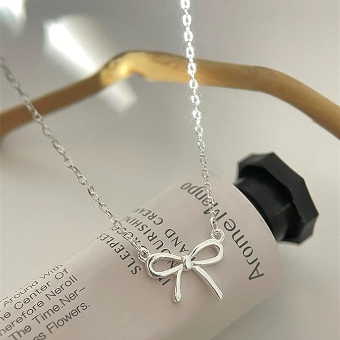 Bow Necklace for Women Rhinestone Bow Ribbon Pendant Necklace Gold Silver Bow Chain Necklace for Women Jewelry