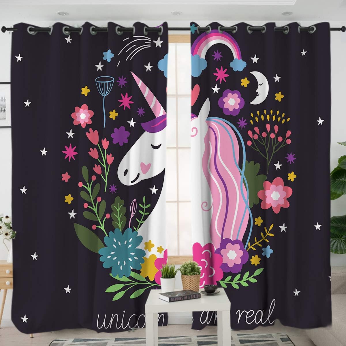 Sleepwish Unicorn Curtains for Living Room Bedroom Girl's Bedroom Black Pink Kids Unicorn Flower Window Drapes (2 Panels, 52x84 Inch, Grommet Top)