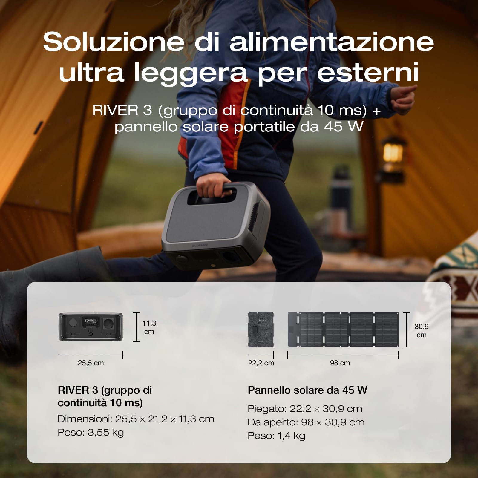 ECOFLOW Centrale elettrica RIVER 3(UPS 10 ms) 245Wh con 45W pannello solare | batteria LFP, uscita max 600W, tempo di funz. doppio con GaN, generatore solare 30% + compatto x esterni, camping