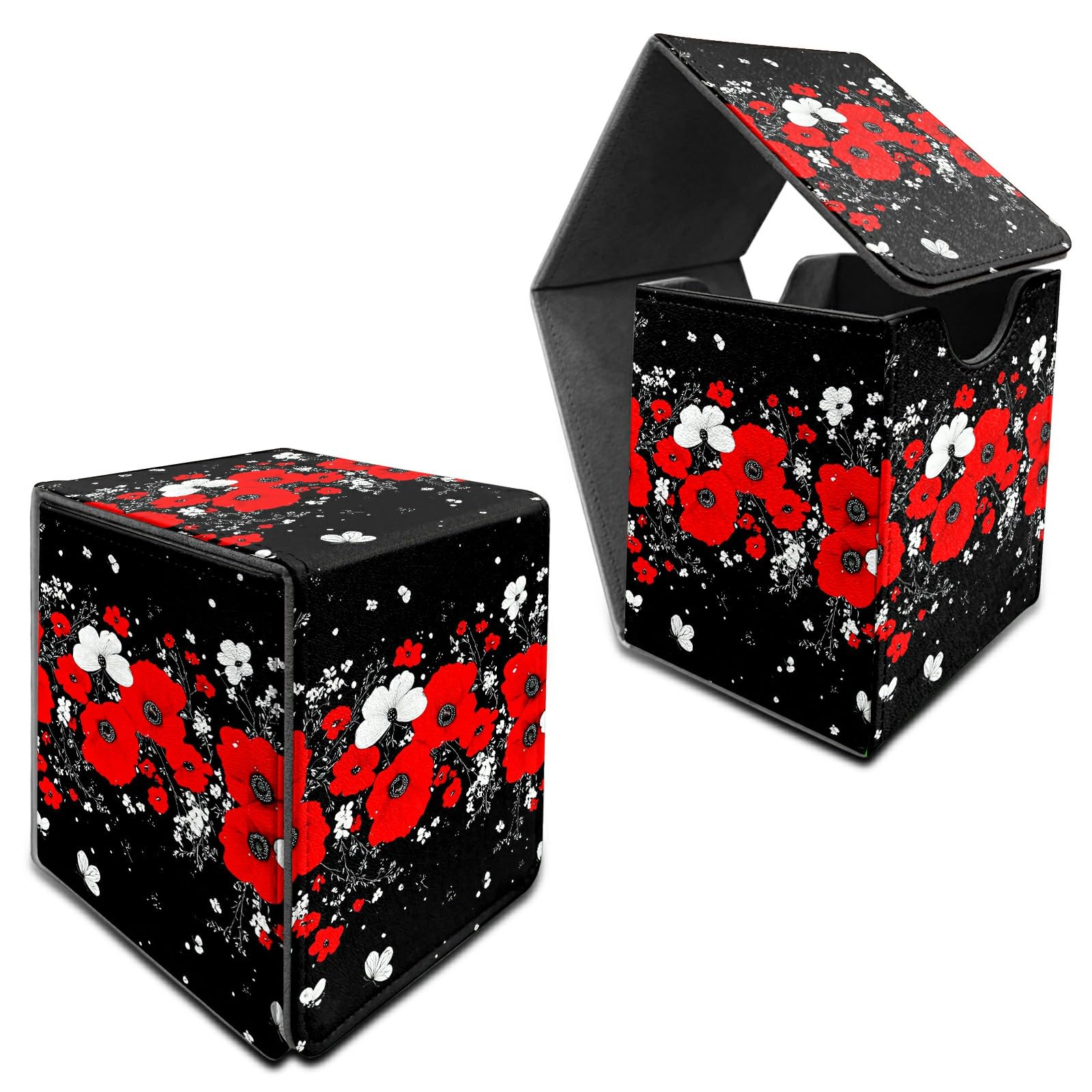 RWUTYTIUL Deck Box for MTG, Cards Storage Box Fits 120+ Sleeved, Leather Medium Size Strong Magnetic Closing Card Case for Board Games Magic TCG CCG Baseball Collection, Red White Flowers — image 1