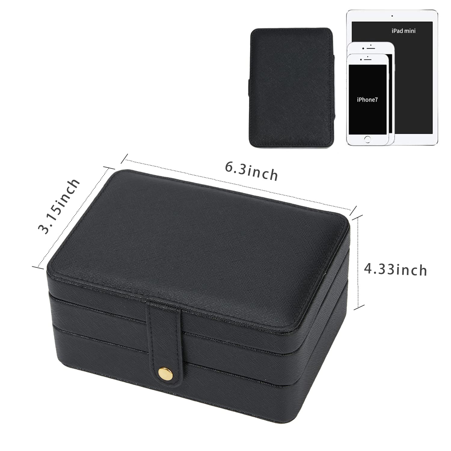 BUTI4WLD Travel Jewelry Box, PU Leather Small Jewelry Organizer for Women Girls, 2 Layers Portable Travel Jewelry Case for Stud Earrings, Rings, Necklaces, Bracelets (Black+Small)