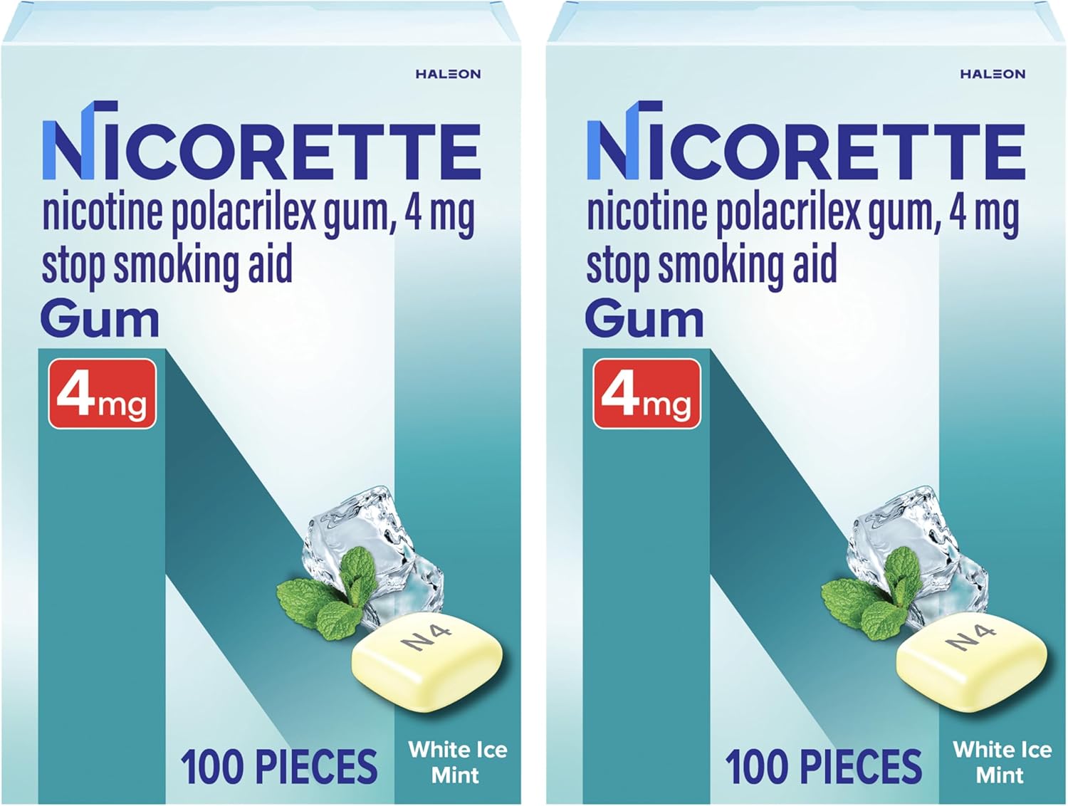 Nicorette Nicotine Gum Stop Smoking Aid, 4 mg, White Ice Mint Flavor - 100 Count (Pack of 2)