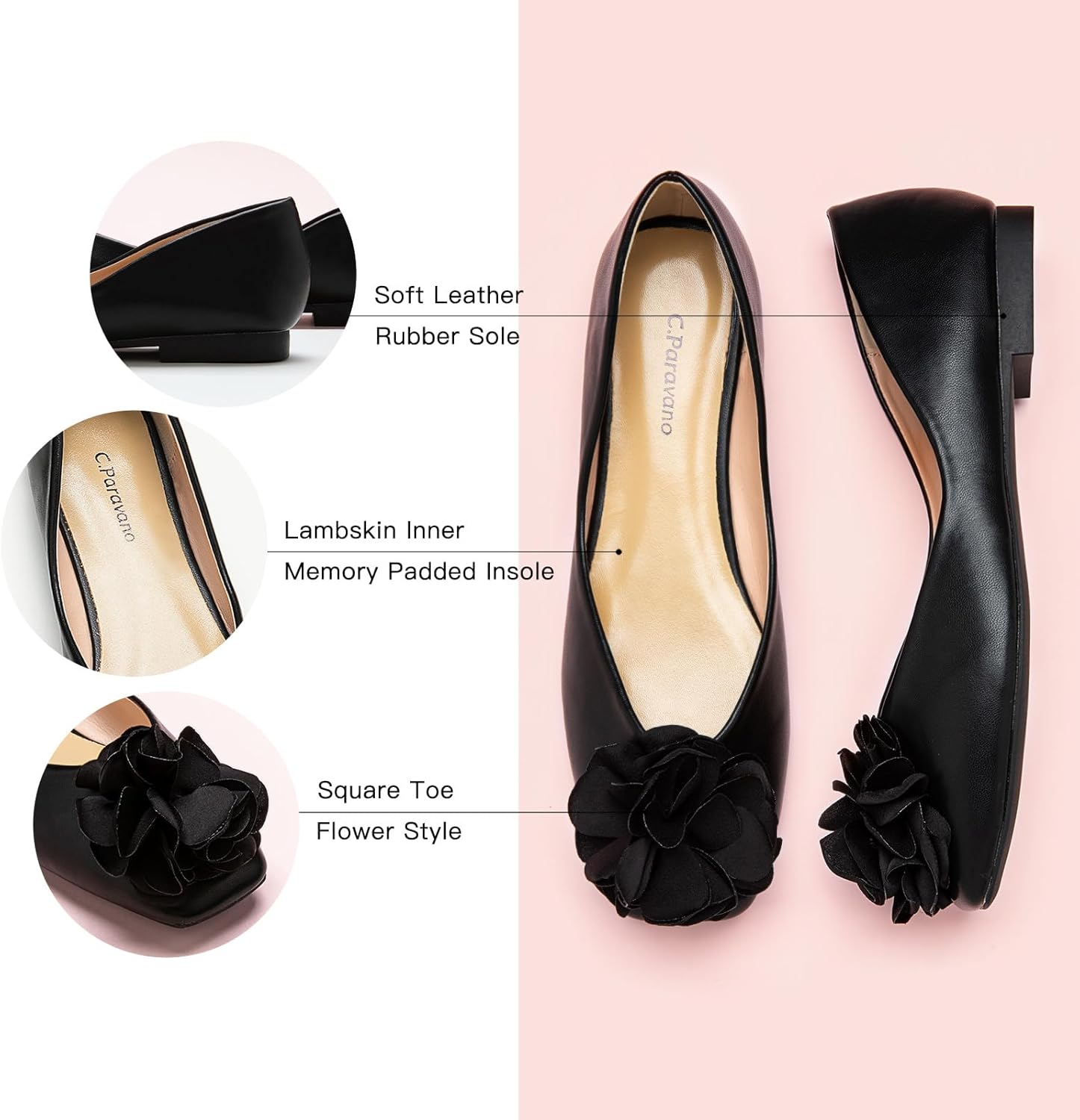 C.Paravano Ballet Flats for Women | Women's Flats | Square Toe | Slip On Dress Shoes | Satin Flower Shoes - Image 5